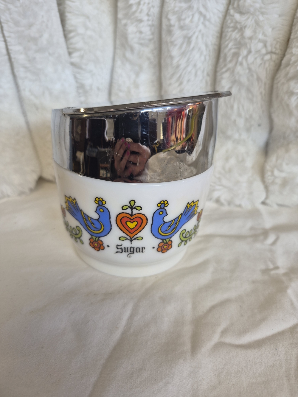 Vintage Milk Glass Sugar Jar with Blue Bird Motif and Silver Lid